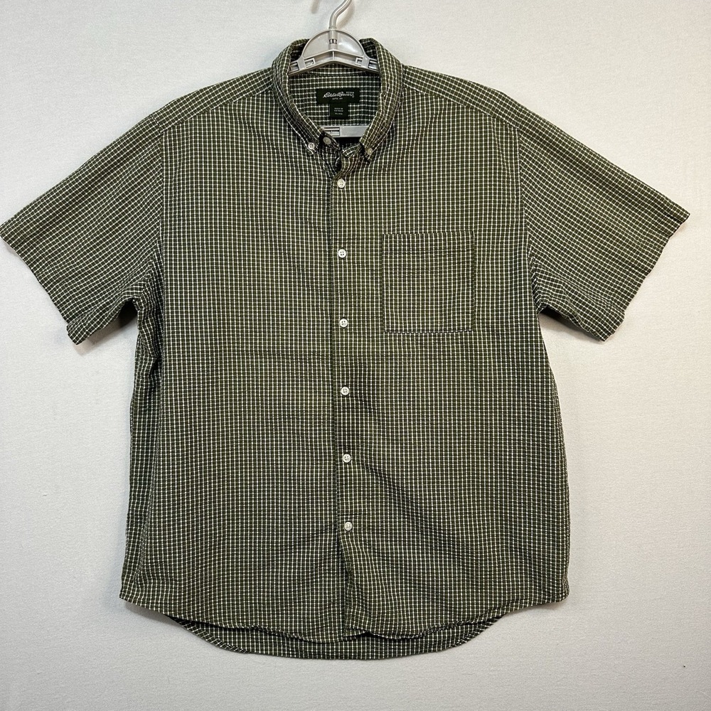 Eddie Bauer Men's XL Short Sleeve Button Up Shirt Green Plaid Casual Boating